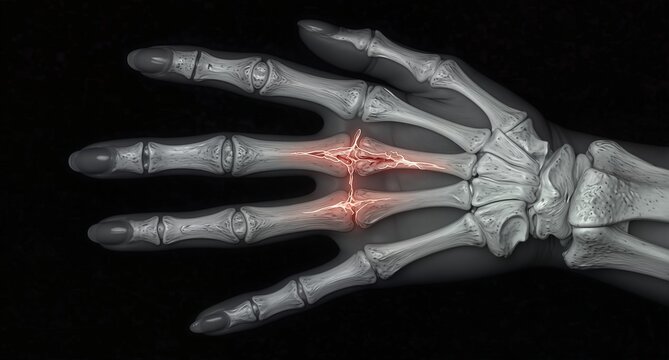 hand x-ray showing fractured metacarpal bone with highlighted break and medical illustration of skeletal system.