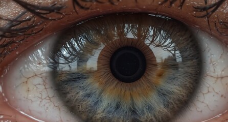 close-up of a hazel eye reflecting a blurred cityscape, detailed iris and eyelashes, human anatomy.