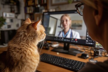 Pet Owner and Her Ginger Cat Watching a Vet on a Computer Screen