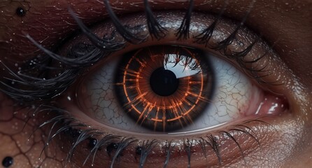 close-up of a human eye with glowing orange futuristic cybernetic implants and detailed eyelashes.