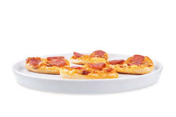 Pizza mini with salami in the form of hearts for Valentine's day holiday on a white isolated background