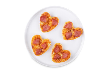Pizza mini with salami in the form of hearts for Valentine's day holiday on a white isolated background
