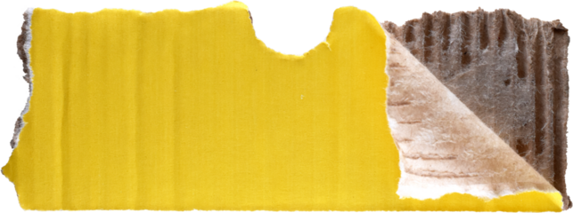 Torn Yellow and Brown Cardboard Texture. Close-up of a ripped piece of yellow tape attached to brown corrugated cardboard, isolated on a white background. Ideal for design elements, collage materials,