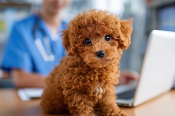 Adorable Toy Poodle Puppy at the Vet Clinic for a Virtual Consultation