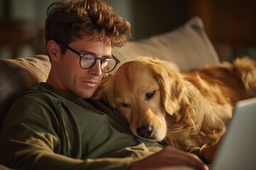 Man and His Golden Retriever Relaxing During an Online Vet Consultation