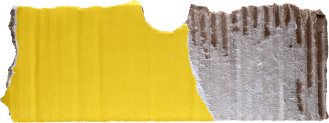 Yellow Tape on Torn Corrugated Cardboard. Fragment of torn corrugated cardboard with a strip of yellow tape, isolated on white. Suitable for design, collage work, packaging themes
