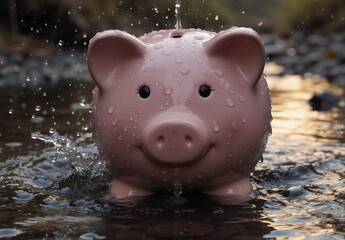 pink piggy bank splashing in water with droplets, symbolizing savings and finance.