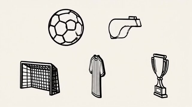 Soccer icons show ball, whistle, jersey, goal, and trophy animation.