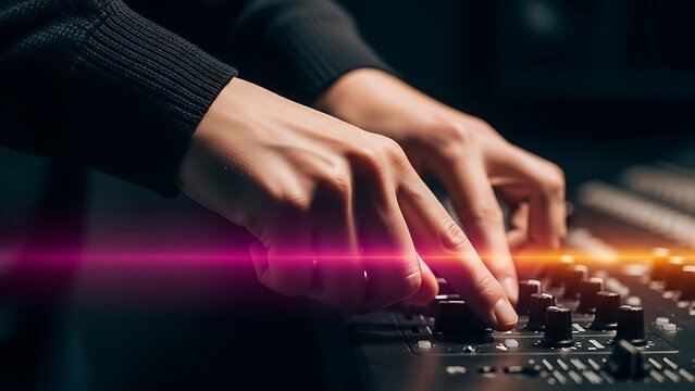 Captivating sound engineer mixing music on audio console for professional music production with vibrant lighting