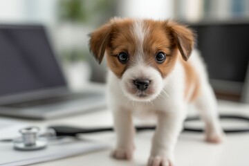 Cute Jack Russell Puppy on a Desk Ready for Its First Online Vet Checkup