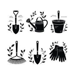 Gardening tools and floral elements in a monochrome black and white illustration