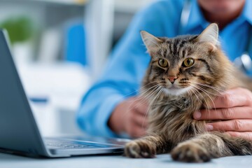 Veterinarian Performing a Virtual Checkup on a Maine Coon Cat via Laptop