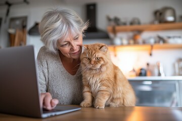 Senior Woman and Her Ginger Cat Using a Laptop for a Virtual Vet Checkup