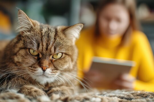 Grumpy Cat Lies Near Owner During an Online Pet Health Consultation - Powered by Adobe