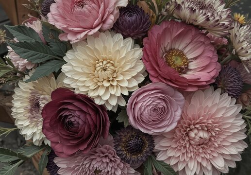 a lush and moody bouquet of dahlia, ranunculus, and chrysanthemum in shades of burgundy, mauve, and cream. - Powered by Adobe