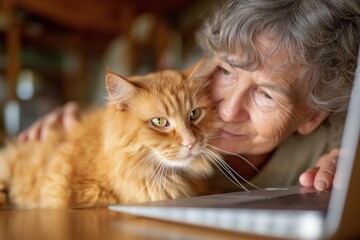 Senior Woman and Her Ginger Cat Enjoying an Online Vet Video Consultation