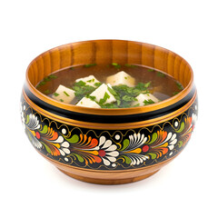 Decorative Wooden Bowl Filled with Hearty Soup