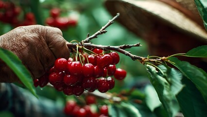 A Season's Bounty Hand harvesting a cluster of vibrant red cherries glistening with fresh dew in a sun-dappled orchard