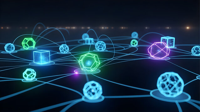 Futuristic blockchain network of glowing digital nodes, generative AI