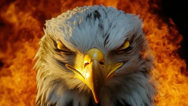 Bald eagle close-up with burning flames