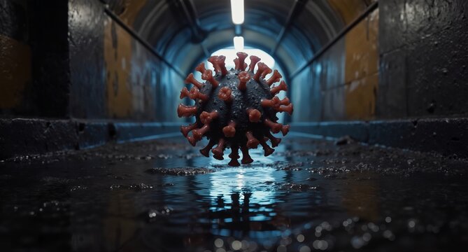 coronavirus in a dark tunnel with water reflections representing disease spread and pandemic concerns. - Powered by Adobe