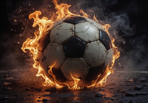 fiery soccer ball on cracked asphalt with dramatic sparks and smoke, sports action concept