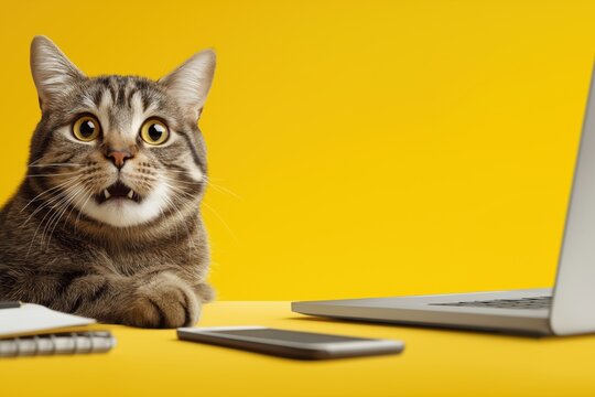 Surprised Cat at a Desk During an Unexpected Online Vet Video Call