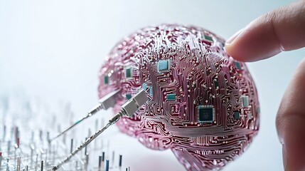 "Brain made of wires and microchips, one cable being unplugged by human fingers, symbolizing mental clarity and freedom from tech overload, detailed close-up, clean white background, 