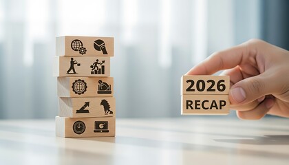 Naklejka premium Hand placing wooden block with 2026 recap next to stack of blocks with business icon for year end review and future planning