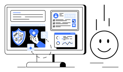 Digital healthcare concept. Digital systems focused on healthcare, data security, and analytics. Digital healthcare transforming patient care and safeguarding health data. For telemedicine