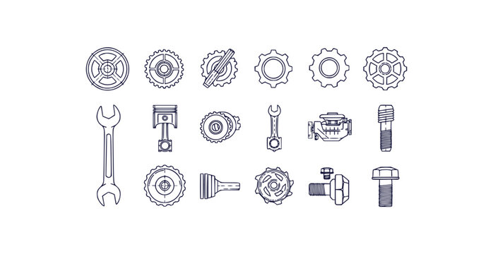 Thin line outline icons of mechanical parts gears pistons wrenches and bolts for engineering and industry