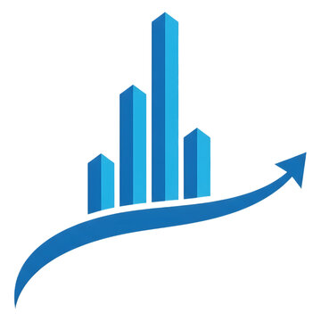 Blue bar graph with ascending arrow signifying business growth isolated on transparent background