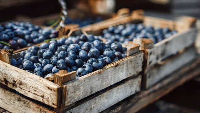 Close-up of Freshly Picked Ripe Blueberries in Weathered Wooden Crates at an Outdoor Market