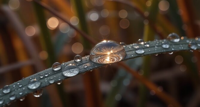 morning dew drops on a blade of grass with bokeh background, nature macro photography