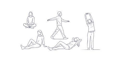 Thin line vector sketches depicting diverse human poses including sitting walking stretching and relaxing © vectorial
