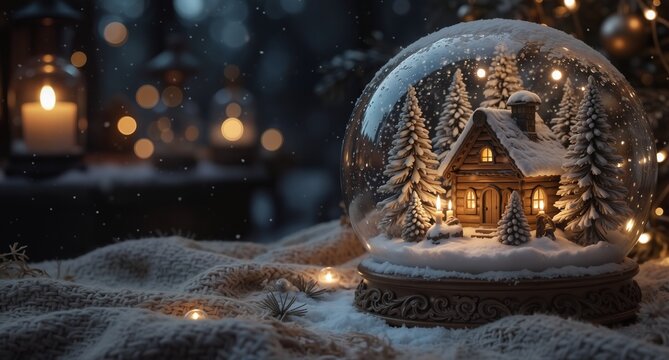 cozy winter snow globe with illuminated cabin and forest scene on a knitted blanket with bokeh lights. - Powered by Adobe