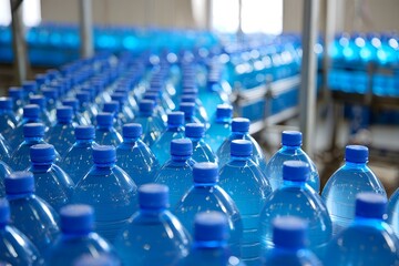 Bottled Water Production Line - Rows of Blue Bottles