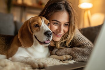 Smiling Woman and Her Beagle Dog Watching a Laptop for an Online Class