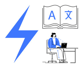 Translation concept. Illustration showing a person using a laptop to translate with symbols of a book and lightning. Translation technology for education, work, communication, global business