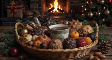 cozy winter still life with a basket of seasonal fruits, nuts, and a warm drink by a fireplace.