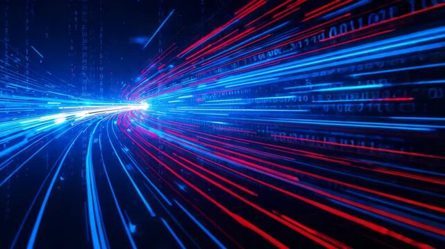 Abstract Tunnel of Red and Blue Light Streaks with Binary Code image photo