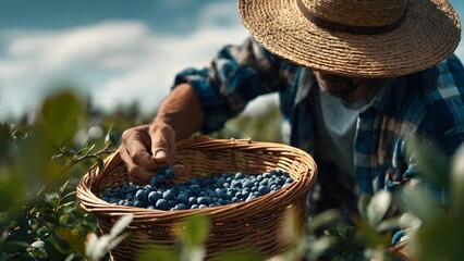 A farmer's hand carefully harvests fresh blueberries into a rustic wicker basket under a bright summer sky, showcasing the bounty of the harvest.