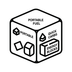 Outline isometric cube diagram illustrating concepts of portable fuel, quick carbs, and energy blocks for active performance.