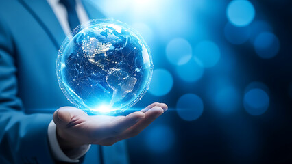 Businessman holding a futuristic globe representing global business technology and innovation in a modern world