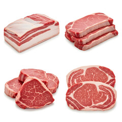 Assortment of Raw Meat Cuts on White Background