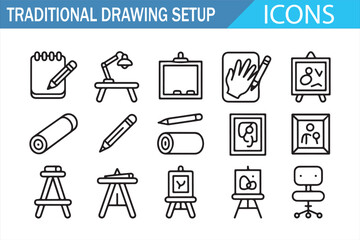 Professional drawing setup icons with easel and sketch tools