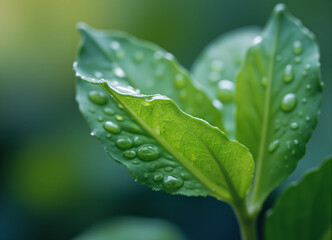Extreme close-up of vibrant green plant leaves with fresh water beads