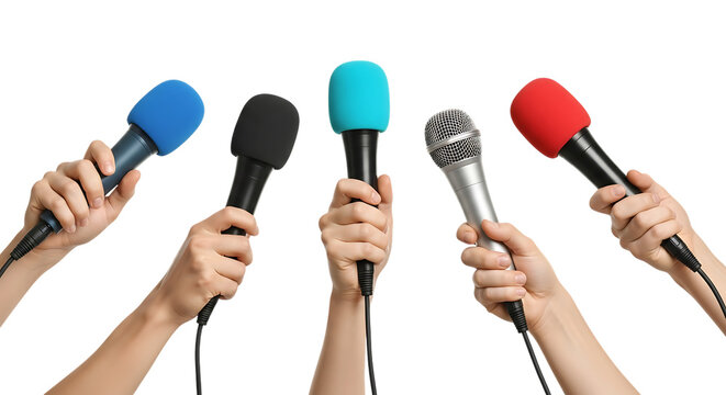 Hands holding microphones for interview, media event, press conference, broadcast isolated on transparent background