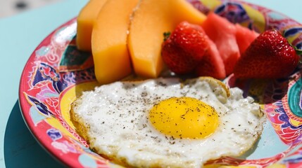 A close-up, high-angle photograph of a sunny breakfast plate featuring a perfectly fried egg with a bright yellow yolk and crispy edges, seasoned with black pepper