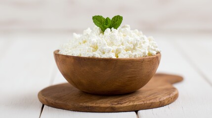 A close-up, high-resolution photograph of a wooden bowl filled with fresh, white cottage cheese